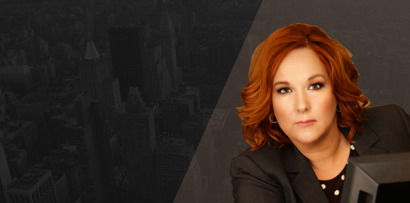 Background image of a city with attorney Laura Carpenter wearing a suit and staring at the camera.